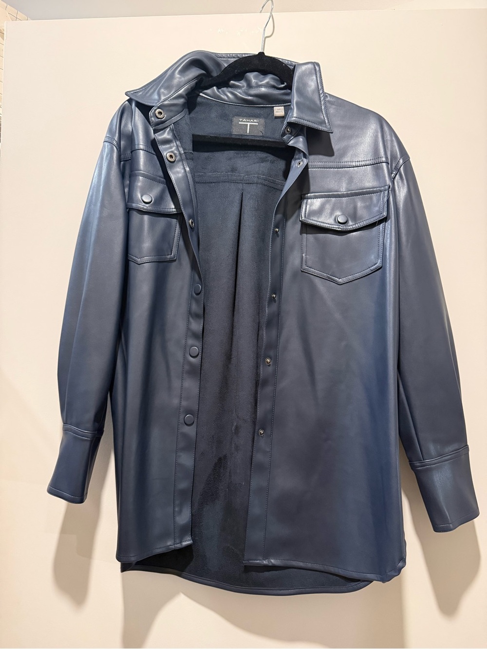 Tahari Blue Faux Leather Button Front Shacket Jacket